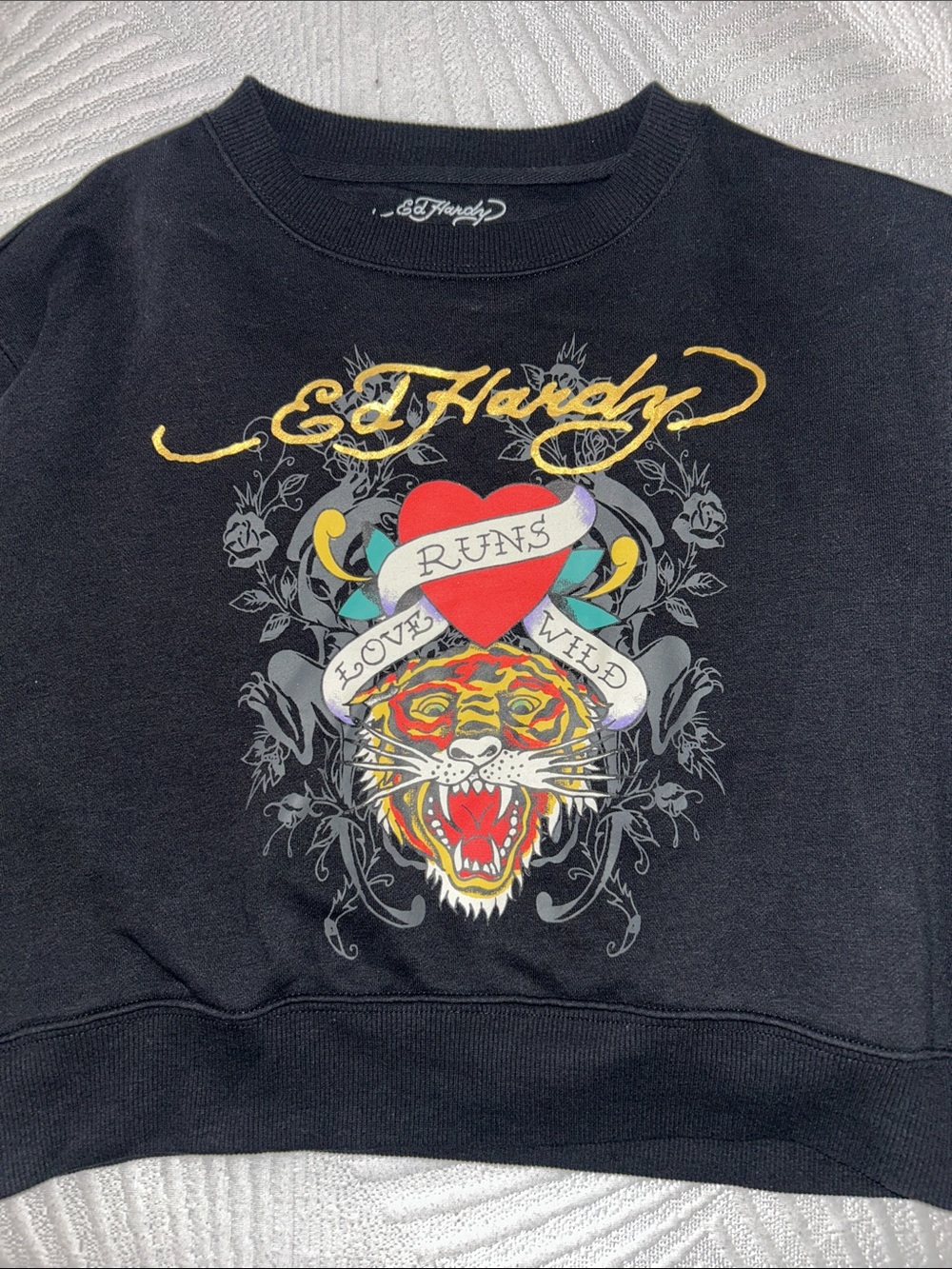 Ed Hardy Black Sweatshirt with Red Heart and Multicolor Tiger Graphic